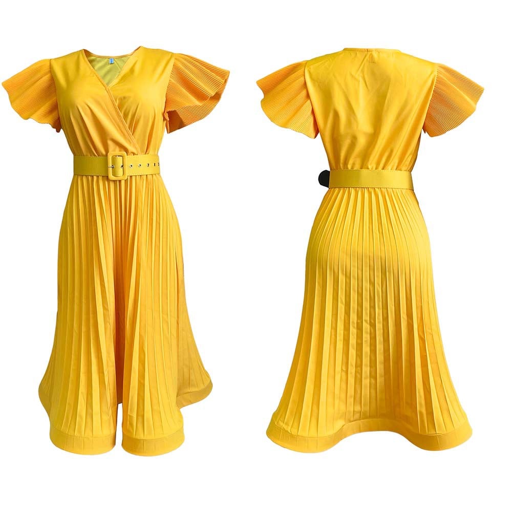 V-neck Pleated Dress with Flowing Sleeves
