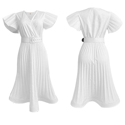 V-neck Pleated Dress with Flowing Sleeves
