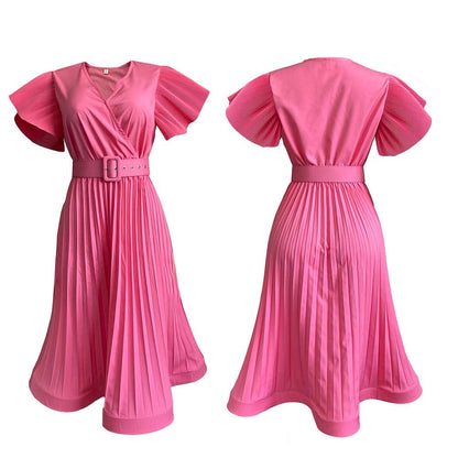V-neck Pleated Dress with Flowing Sleeves
