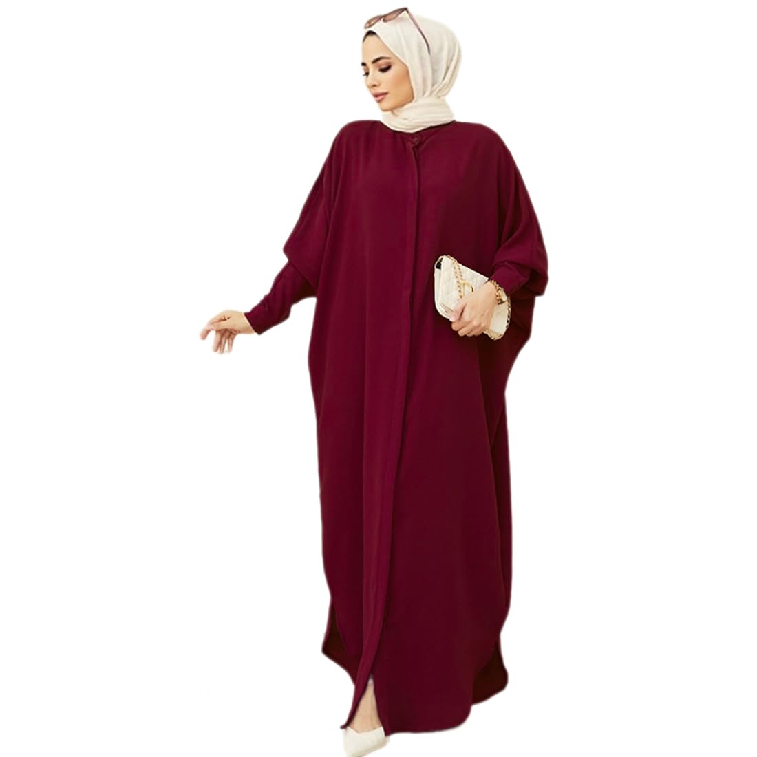Burgundy Abaya  for Women Abaya Button Down Henley Shirt Prayer Dress Batwing Long Sleeve Middle East Arabian Robe Dubai Islamic Ladies Conservative Floor Length Kaftan for Ramadan Burgundy One Size