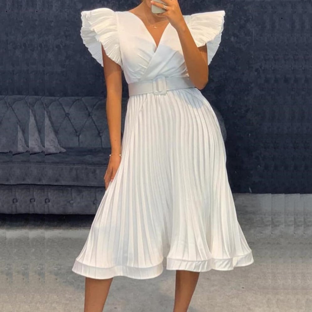V-neck Pleated Dress with Flowing Sleeves