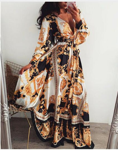2019 Vintage Floral Maxi Dress with V-Neck and Long Sleeves