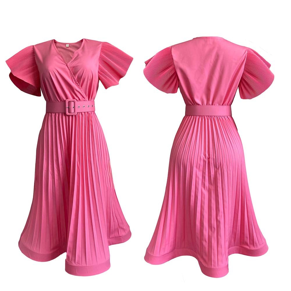 V-neck Pleated Dress with Flowing Sleeves